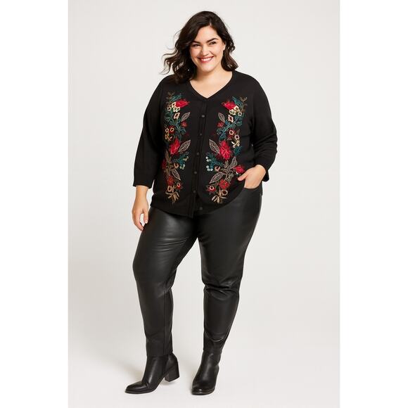 CJ Banks 1X Black Button-Front Sweater with Multicolor Embroidery - Picture 1 of 4